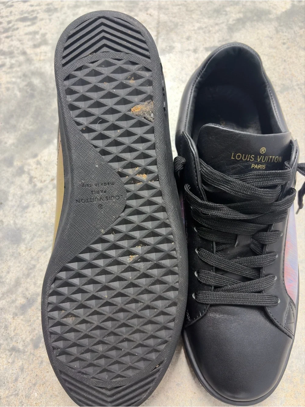 Louis Vuitton Black Leather Low-Top Sneakers with Iridescent Panels - Picture 3 of 8